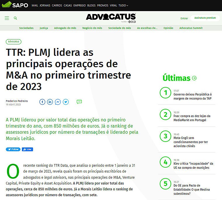 TTR: PLMJ lidera as principais operaes de M&A no primeiro trimestre de 2023